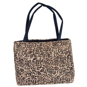 Black and Gold Rose Embossed Evening Bag EUC Wedding Prom Formal Floral Garden